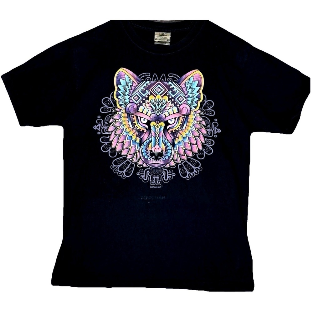 Karani‎ Art Mens Black Geometric Wolf Graphic T-Shirt Size M Mexico Art Tee